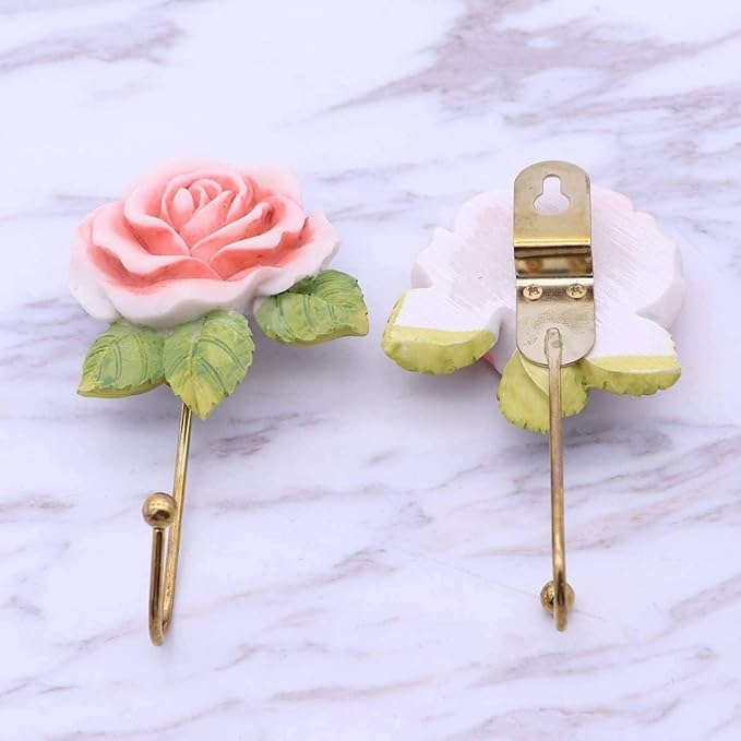 2 Pcs Pink Rose Decorative Wall Hooks, Fancy Resin Flower Towel & Key Hooks - Image 6