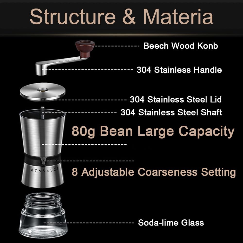Precision Manual Coffee Grinder Large Capacity for Home Use, 8 Adjustable Coarseness Setting, Ceramic Burr Hand Held Stainless Steel Espresso Bean Mill for Travel Camping, Easy to Clean