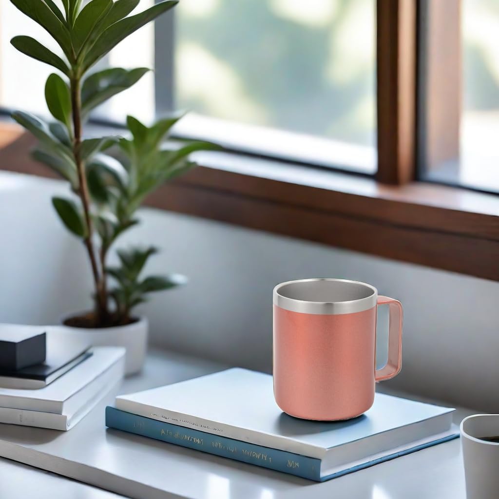 Volhoply 14oz Insulated Stainless Steel Coffee Mug with Leakproof Lid,Double Wall Vacuum Travel Coffee Cup with Handle,Reusable Metal Cups Tumbler, Camping Mugs Keep Hot,Ideal Gifts(Rose Gold,1)