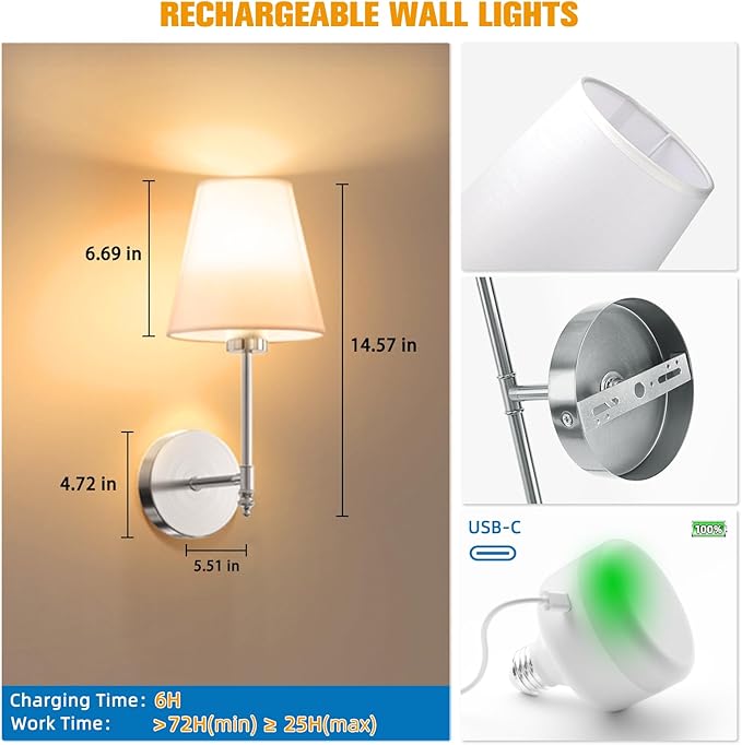 NIORSUN 14.5 inch Battery Operated Wall Sconce Set of 2, Brushed Nickel - Image 7