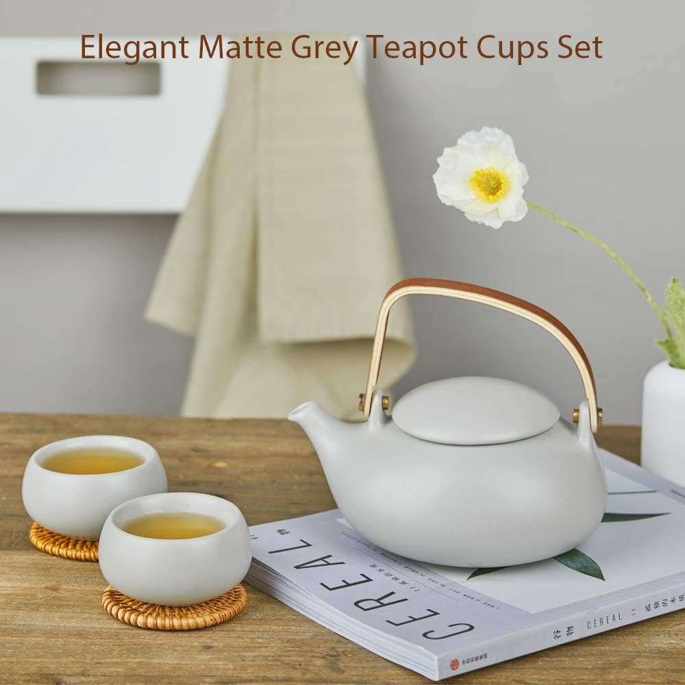 ZENS Vintage Japanese Teapot with Strainer, 27oz Matte Ceramic Loose Leaf Teapot with Infuser, Wood Handle Gray Japanese Teapots Hot Tea Brewer Pot for Women, Tea Lovers Gifts