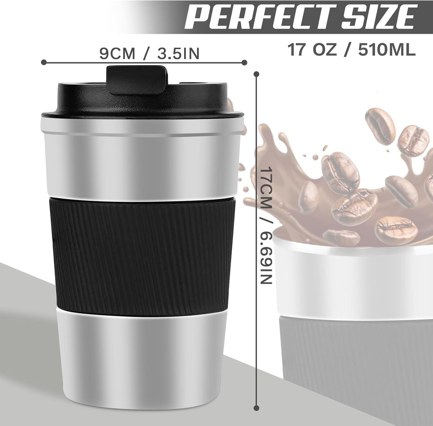 Vacuum-Insulated Stainless Steel Travel Coffee Mug, Leak-Proof Reusable Coffee Cup with Lid - Keep Hot & Cold Drinks for Hours, Durable Thermos Tumbler for Men & Women (3rd-Silver black, 17OZ)