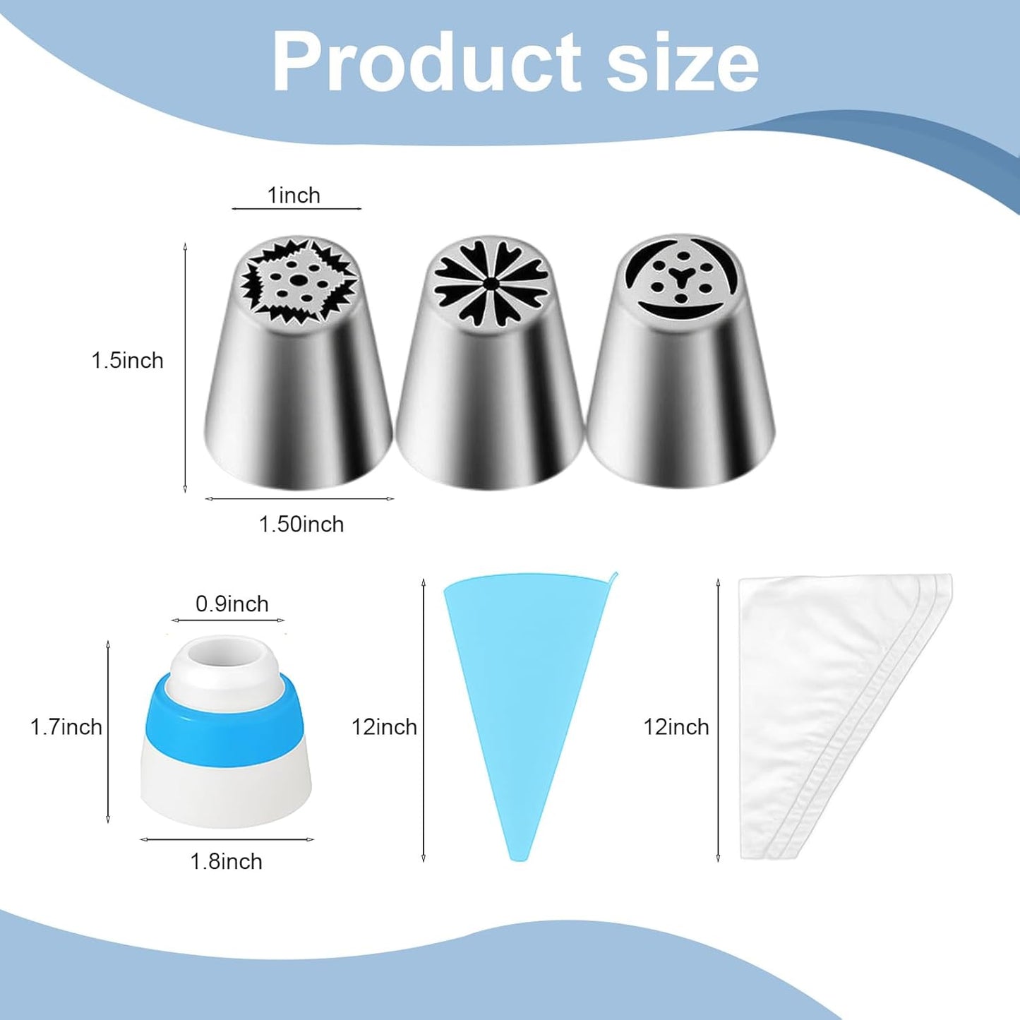 Russian Piping Tips Set – 12 Flower Frosting Nozzles, 2 Leaf Piping Tips, 2 Couplers, 20 Pastry Bags & 1 Reusable Bag – Large & Mini Russian Piping Tips for Cake Decorating, Cupcakes, Cookies