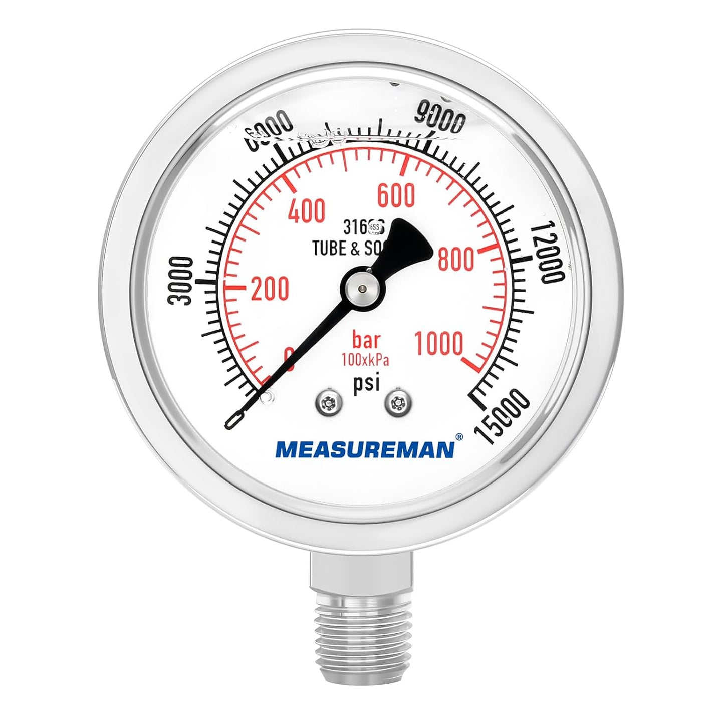 MEASUREMAN Fully Stainless Steel Hydraulic Glycerin Filled Pressure Gauge, 2-1/2" Dial Size,0-15000psi/bar,1/4" NPT Lower Mount