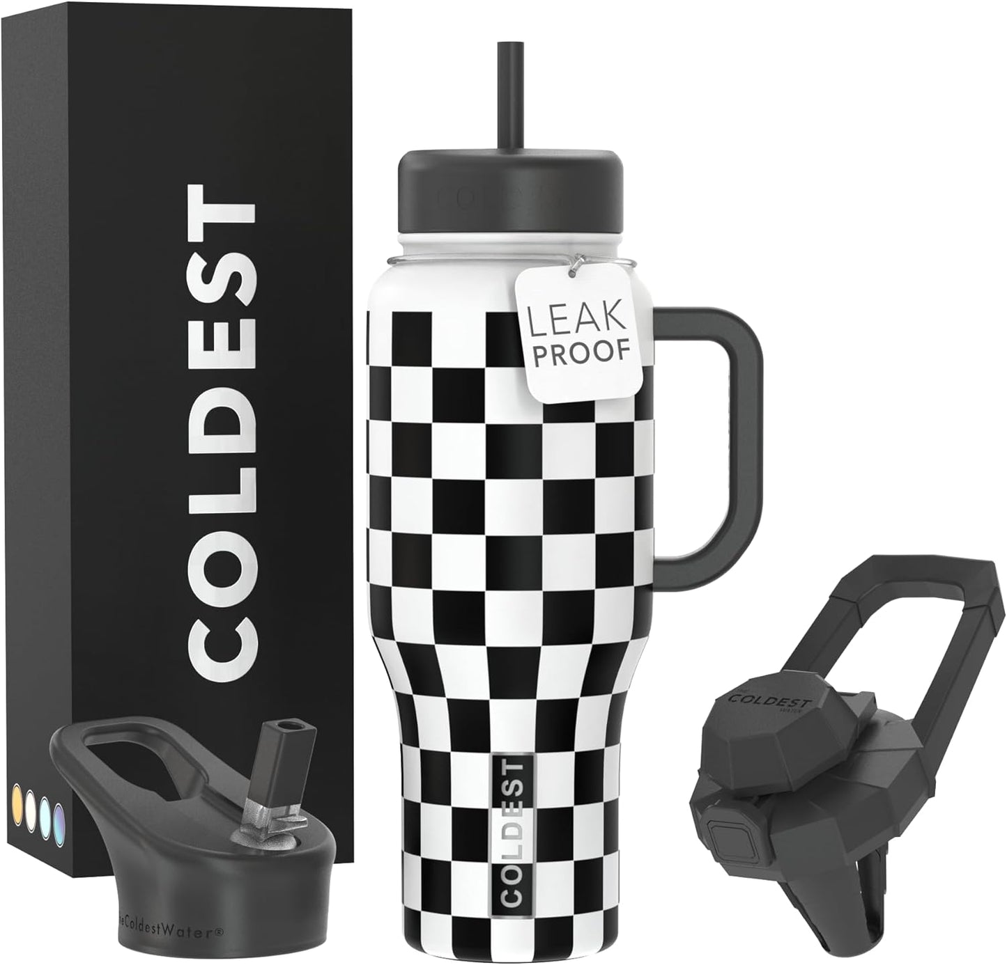 Coldest 40 oz Tumbler with Handle and Straw, 100% Leak Proof Insulated Tumbler with Lid and Straw (3 Lids), Stainless Steel Tumblers for Women & Men, Cup Holder Friendly, 36 oz (Black Checkers)