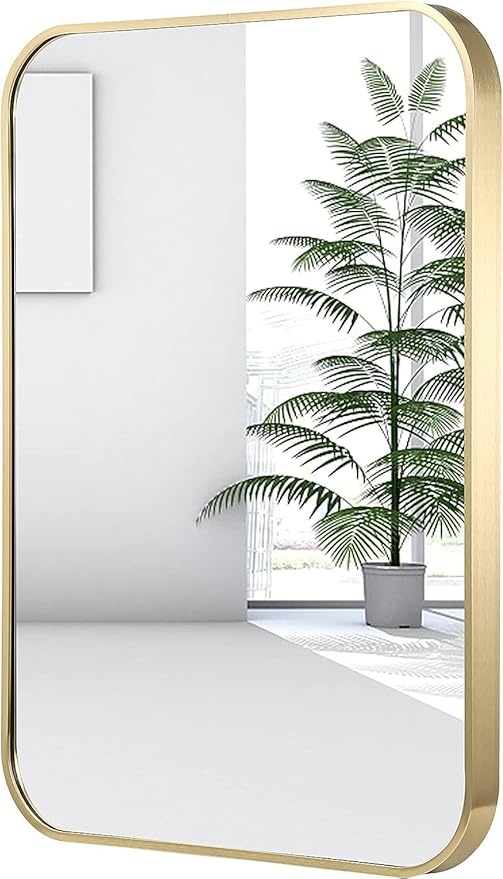 16x24 Inch Gold Bathroom Mirror, Brushed Brass Gold Metal Framed Rectangular by JENBELY
