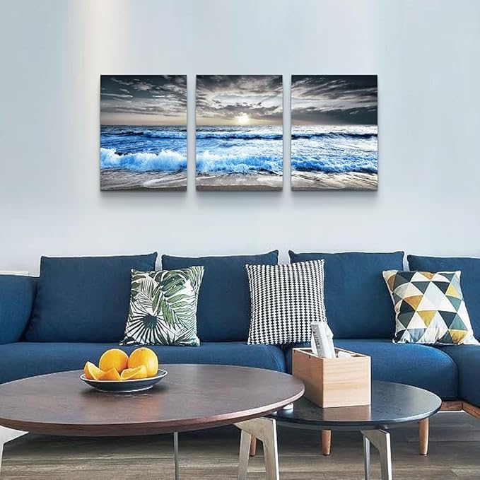 MHARTK66 3 Panel Blue Beach Canvas Wall Art - Image 5