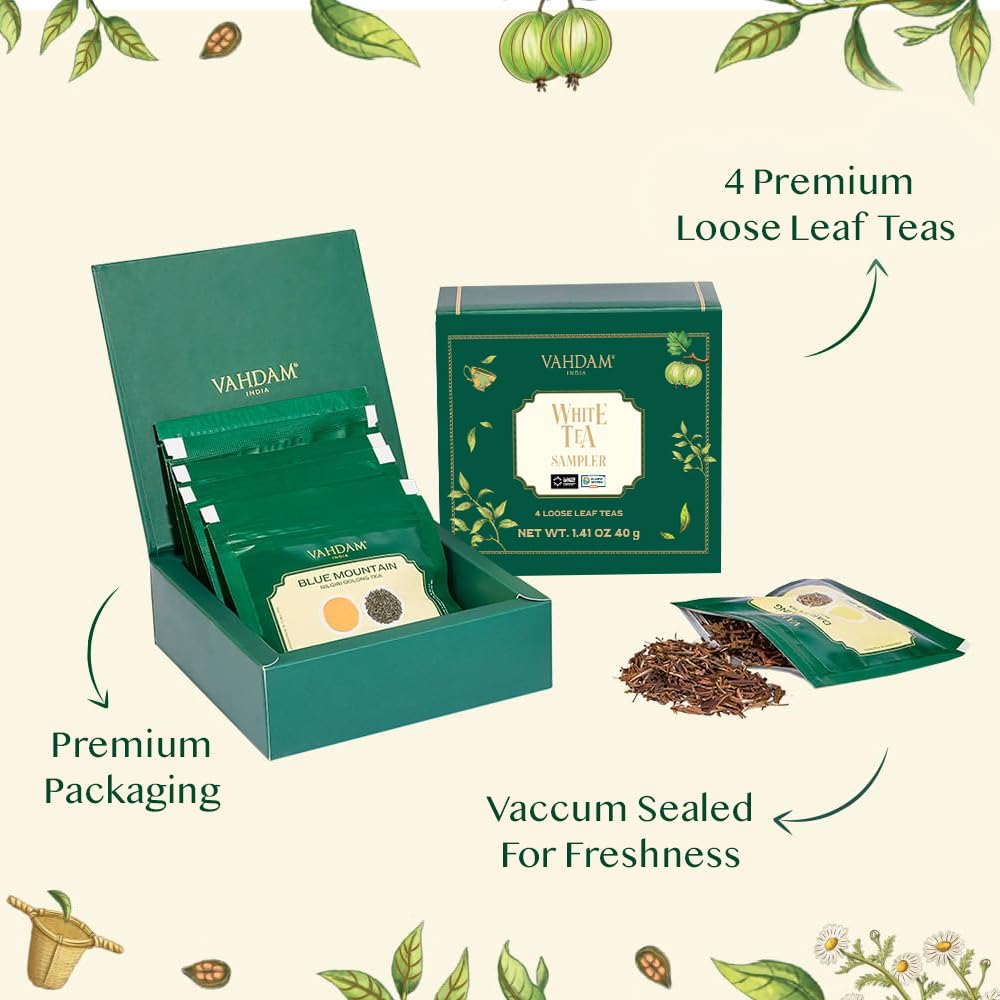 VAHDAM, Assorted White Tea Sampler Gift Set, Gluten Free, Non GMO - 4 Unblended White Loose Leaf Tea Sampler | Tea Variety Pack | Tea Gift Set, Gifts for Women & Men