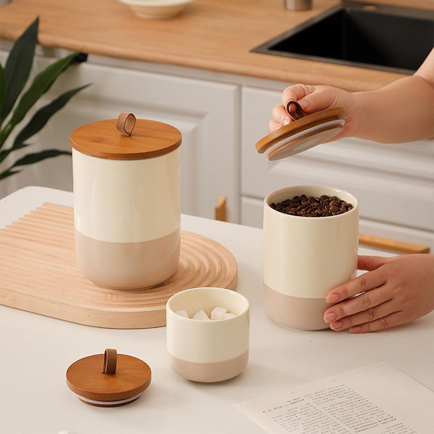 Coffee Canister, Ceramic Food Storage Jars with Lids Salt Matcha Container Brown Sugar Container Bowl for Kitchen Tea, Coffee Beans, Spice (#001Khaki-27oz/800ml)