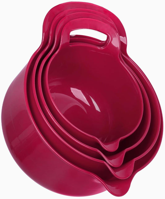 BoxedHome 4 Pack Nesting Mixing Bowl Set with Pour Spout and Handle, Non-Slip Bottom, BPA free Microwave & Dishwasher Safe(Deep Carmine)