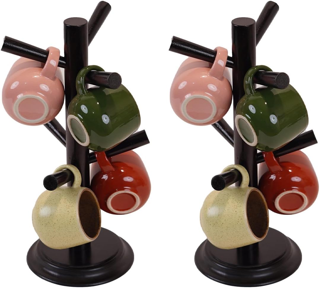 Pack 2 Mug Tree 6 Hooks Rubberwood 13.5"x7"x7", Strudy & Thick Base, Large & Small Cup Holder Tree Wooden for Jewelry, Kitchen Tools, Pantry, Ornaments, Countertop, Table Organizer (Black)