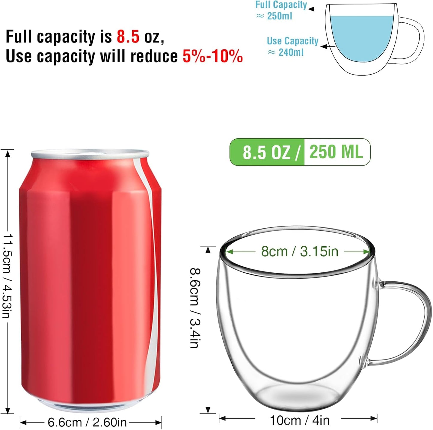 Glass Coffee Cups Set of 2, 8.5oz Double Walled Glass Mugs with Handles, Clear Insulated Coffee Mug Espresso Cups, Cappuccino Latte Tea Cups Set, Heat Resistant Borosilicate Clear Glasses