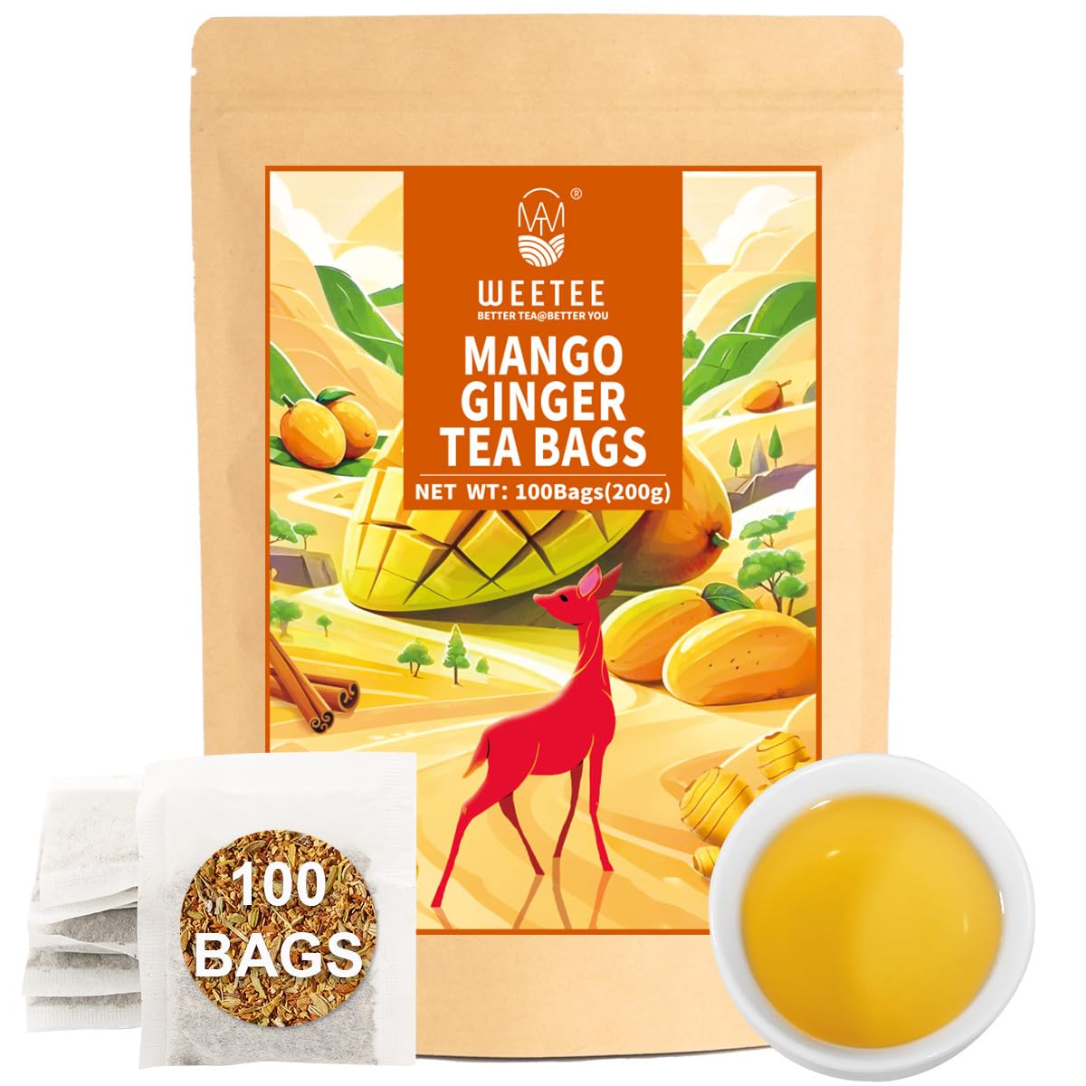 WT WEETEE Mango Ginger Tea Bags, 2g x 100 Counts, Flavored Ginger Herbal Tea Includes Cardamom, Fennel, Cinnamon, Rooibos, Licorice & More, Natural Caffeine-free