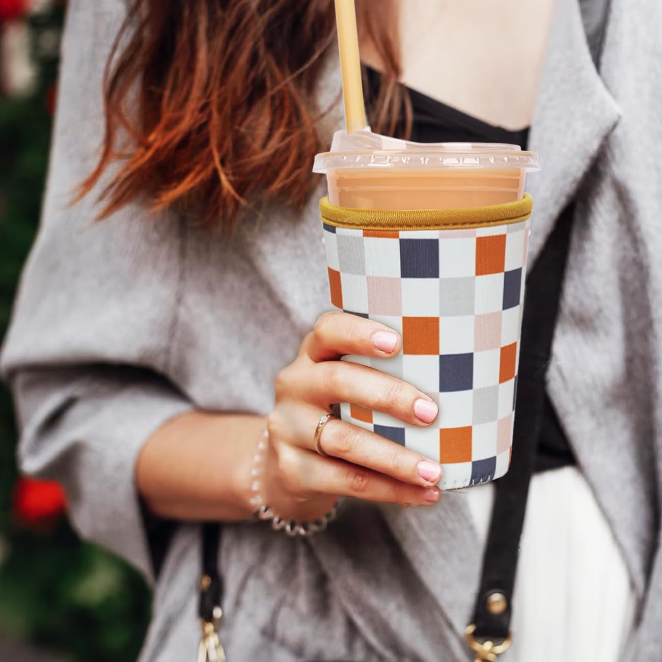 Reusable Insulated Neoprene Iced Coffee Cup Sleeve, Durable Drink Sleeve for Cold Beverages, Beverage Holder for Iced Coffee, Muted Grid