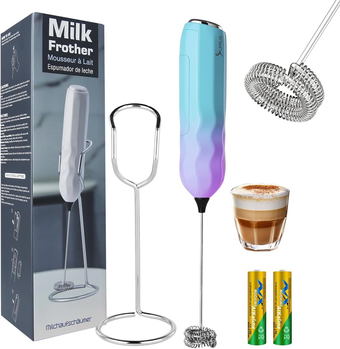 SUPRUS Ultra Fast Handheld Milk Frother Double Whisk with Stand 2 Batteries Stainless Steel for Lattes Cappuccino Matcha Hot Chocolate Coffee Bar Accessories Kitchen Gadgets Gift