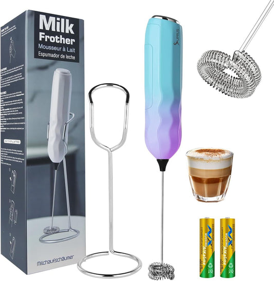 SUPRUS Ultra Fast Handheld Milk Frother Double Whisk with Stand 2 Batteries Stainless Steel for Lattes Cappuccino Matcha Hot Chocolate Coffee Bar Accessories Kitchen Gadgets Gift