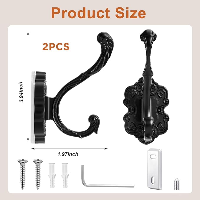 Zonon 2 Pcs Black Wall Hooks Set Vintage Coat & Towel Hooks - Image 2