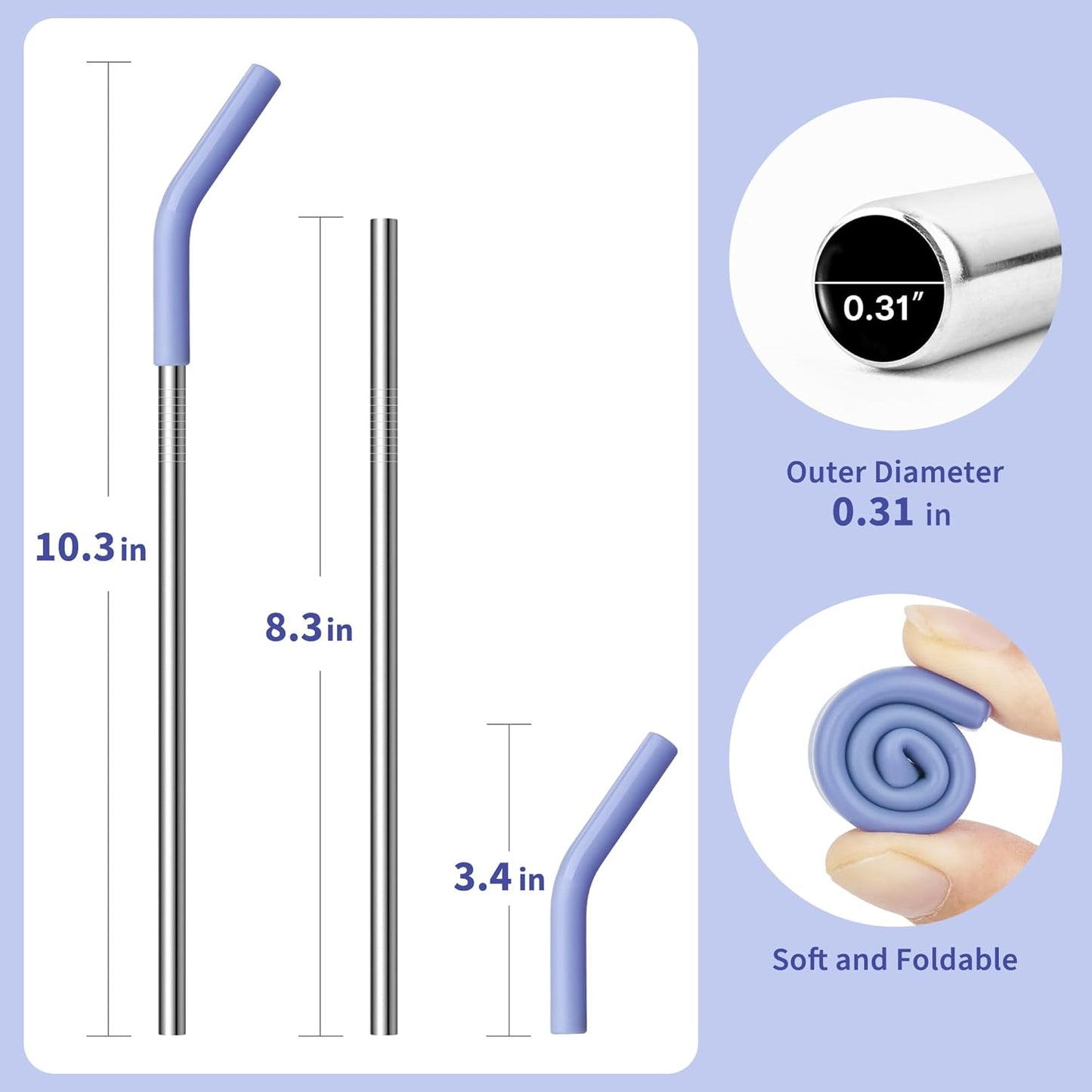 8.5" Metal Straws Reusable for 20 oz Tumbler, 5 Pcs Stainless Steel Drinking Straws for Yeti/RTIC/CIVAGO 20 oz Tumblers, 1 Portable Bag