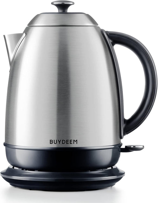 BUYDEEM K640 Stainless Steel Electric Tea Kettle with Auto Shut-Off and Boil Dry Protection, 1.7 Liter Cordless Hot Water Boiler with Swivel Base, 1440W,Retro Silver