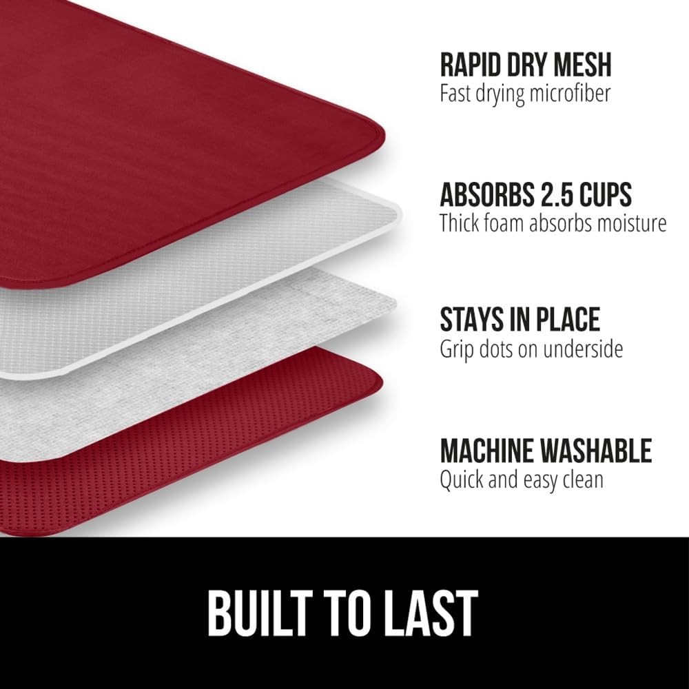 GORILLA GRIP Ultra Water Absorbent Microfiber Dish Drying Mat, 18x24, Quick Dry Thick Mesh, Slip Resistant Pad for Sink Dishes or Under Rack, Kitchen Counter Accessories, Machine Wash Mats, Red
