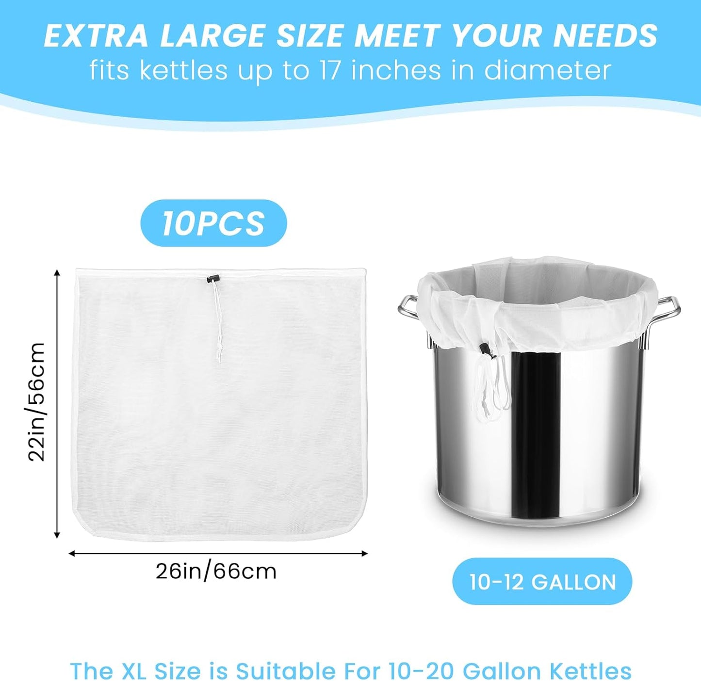 10 Pack 26"x22" Brew Bag, Extra Large Straining Bag, Reusable Fine Mesh Bag, White Drawstring Filter Bag for Beer, Nut Milk, Cold Brew, Wine, Coffee, Tea, Grain