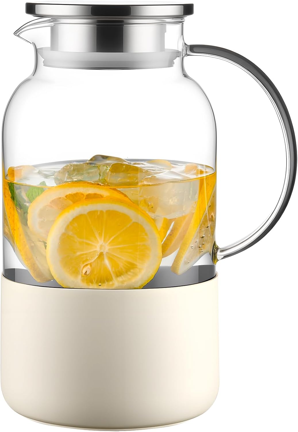 PARACITY Water Jug Water Pitcher with Silicone Base 61oz/ 1.8L, Hot& Cold Glass Pitcher with Lid and Handle, Glass Carafe with Lid for Coffee, Juice, Lemonade and Milk (Off-white base)