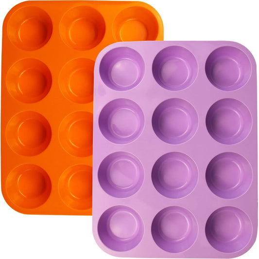12 Cups Silicone Mini Muffin Pan Set, Nonstick Mini Cupcake Pans, BPA Free Small Muffin Tin for Baking, Set of 2 (Orange+Purple)