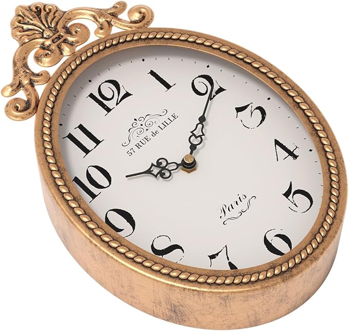 Abdurey Small French Retro Decorative Wall Clock, Antique Gold Vintage Oval - Image 3