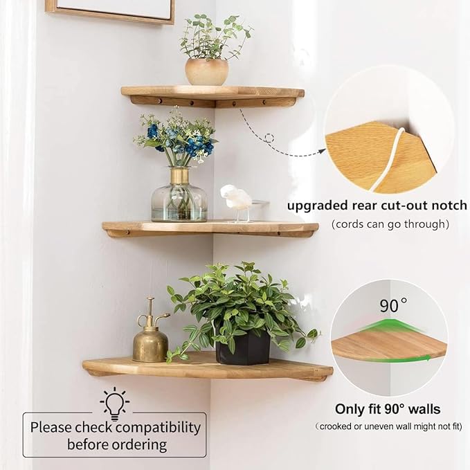Corner Shelf, 16inch Natural Oak Solid Wood Floating Corner Shelves Wall Mount - Image 3