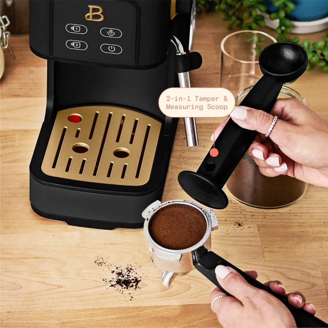 Beautiful Slim Espresso Maker by Drew Barrymore – 20‑Bar Pressure, Dual‑Spout 52 mm Portafilter, 50 oz Removable Tank, 2‑in‑1 Steam Wand & Touch Controls (Black Sesame)