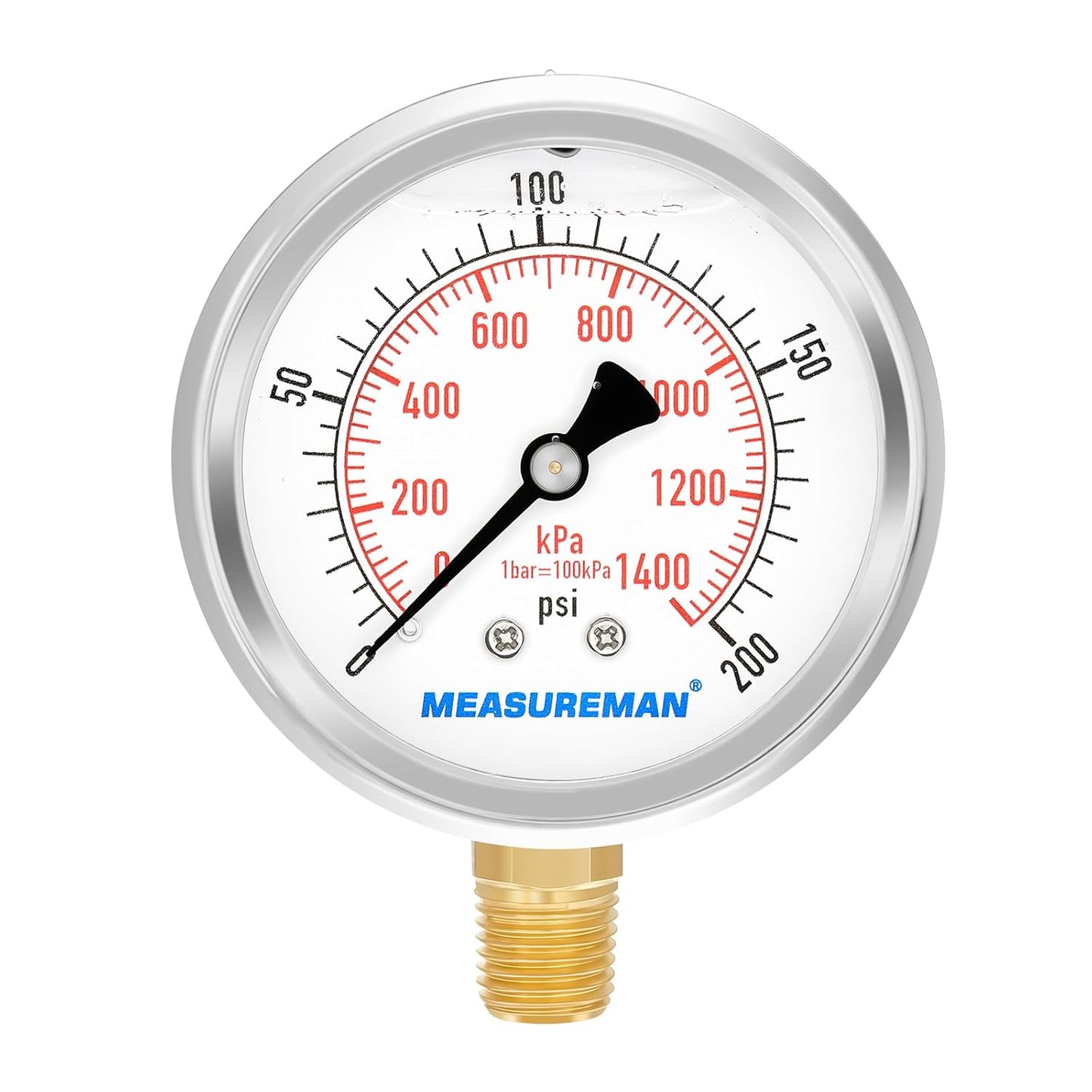 MEASUREMAN 2-1/2inch Dial Size, Liquid Filled Pressure Gauge, 0-200psi/kpa, 304 Stainless Steel Case, 1/4 inchNPT Lower Mount