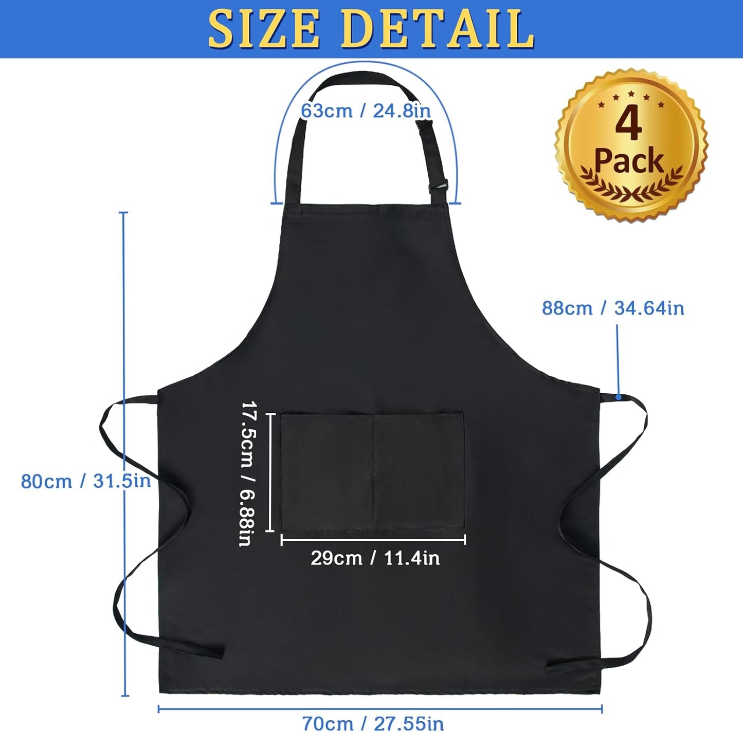 4 Pack Chef Apron, Adjustable Apron with 2 Pockets, Unisex Personalised Apron for Cooking, Kitchen, Restaurant