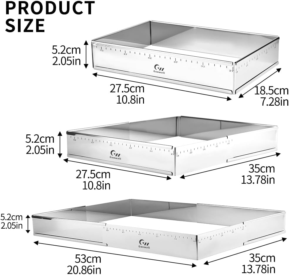 Guowall Extensible Stainless Steel Square Cake Mold Heavy Duty Adjustable Mousse Ring Rectangle Shaped Detachable Mousse Cake Cutter, Pastry DIY Baking Tool - 10 * 7in