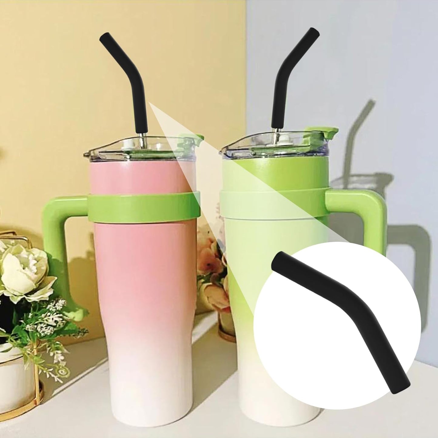 6pcs Food-Grade Silicone Metal Straw Tips, Reusable Flex Elbow Straws Cover Replacement Tips, Soft Straw Toppers Kits for 8 mm Stainless Steel Metal Straws - Black