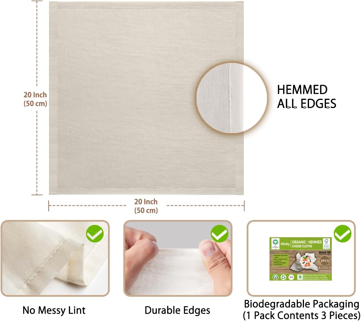 Organic Cheese Cloths, GOTS Certified, 3PCS, Grade 100, 20x20Inch Hemmed Cheese Cloth Fabric Reusable Fine Mesh Cloth, 100% Cotton Unbleached Muslin Cheesecloth for Straining, Cooking, Juice, Herbs