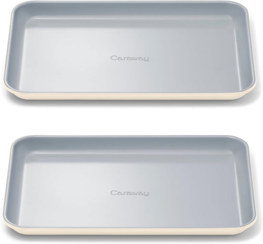 Caraway Nonstick Ceramic Small Baking Sheet Duo (9x13”) – Non-Toxic, PTFE & PFOA Free – Oven Safe – Aluminized Steel Core – Mini Sheet Pan for Baking, Roasting & More - Cream