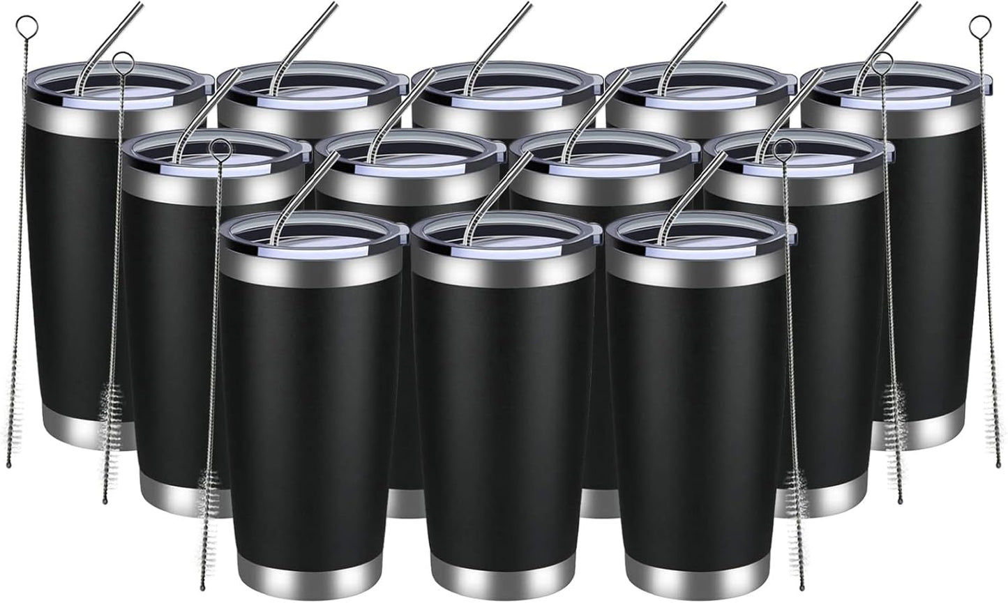 MEWAY 20oz Tumbler 12 Pack Double Wall Vacuum Insulated Travel Mug Bulk, Stainless Steel Tumblers with Lid and Straw, Durable Powder Coated Coffee Cups for Cold & Hot Drinks (Black, 12)