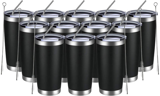 MEWAY 20oz Tumbler 12 Pack Double Wall Vacuum Insulated Travel Mug Bulk, Stainless Steel Tumblers with Lid and Straw, Durable Powder Coated Coffee Cups for Cold & Hot Drinks (Black, 12)