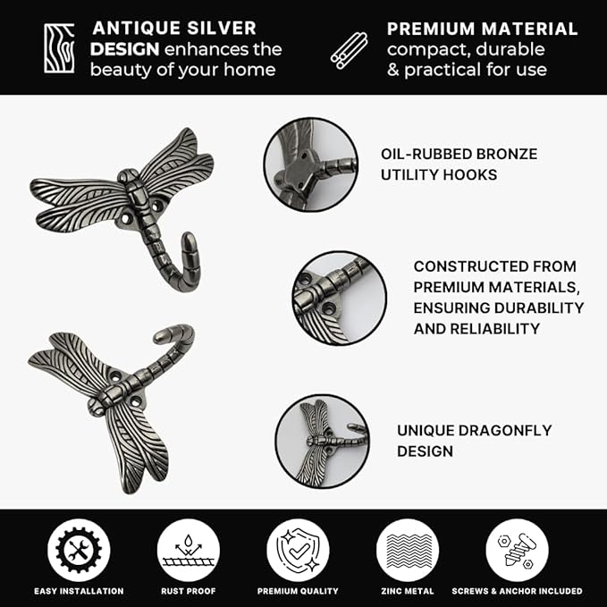 6 pcs Antique Silver Dragonfly Decorative Wall Hooks - Image 5