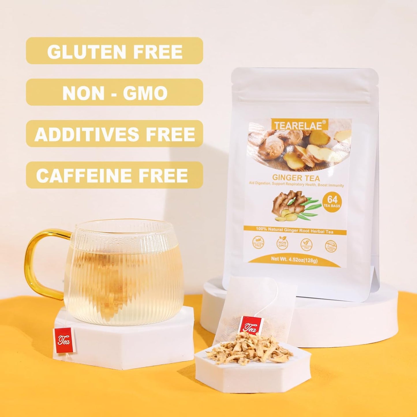 TEARELAE - Ginger Tea Bags, 64 Count - 100% Pure Ginger Root Tea, Soothing & Spicy - Non-GMO - Caffeine-free - Aid Digestion & Support Respiratory