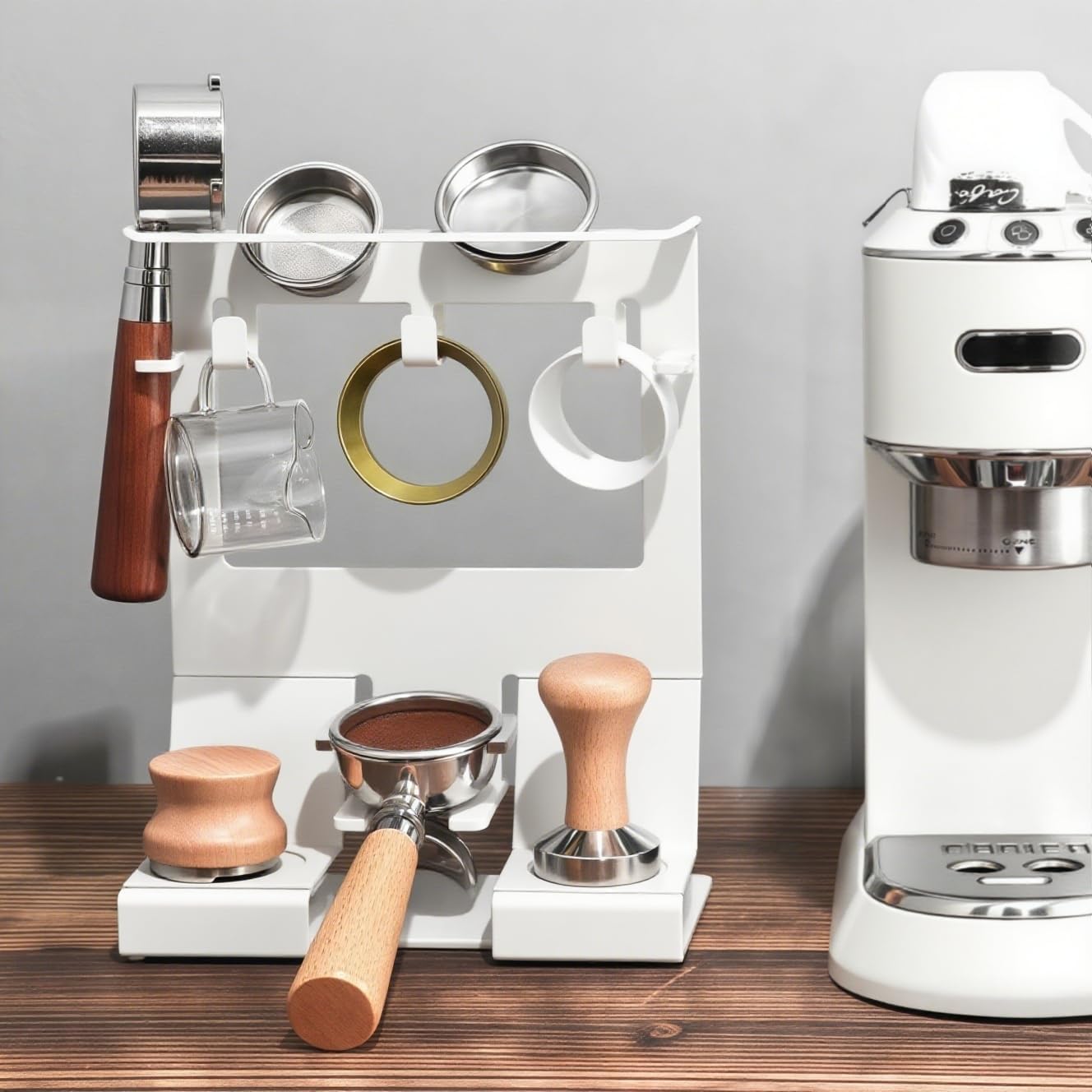 GIB Espresso Accessories Organizer Rack Tamper Holder Station, Heavy Duty Steel Stand for Coffee Distributor 51-54mm Portafilter Storage for Bar Home Office, White