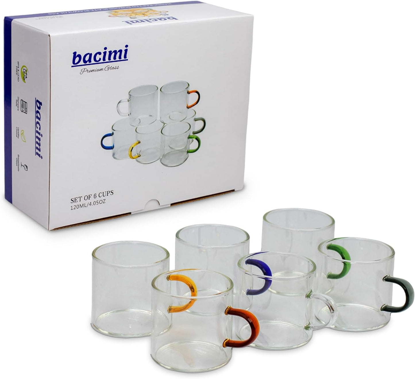 Bacimi® Clear Espresso Cups with Colorful Handles - Set of 6 / 4oz / 120ML - Borosilicate Glass Mugs for Cappuccino, Tea, Latte, & Hot Beverage - Mini Drinking Cups - Microwave Safe