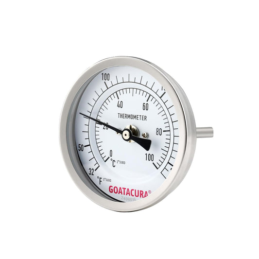 Dial Thermometer for Brewing, 304 Stainless Steel Case and Probe, 3" Dial Size, 2" Stem Length, 32-212 Deg F/0-100 Deg C, 1/2" NPT Back Mount