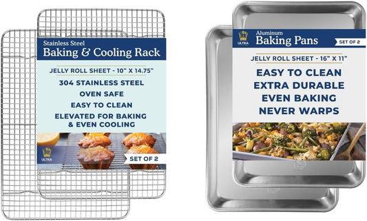 Ultra Cuisine Stainless Steel Jelly Roll Sheet Cooling Rack Set & Aluminum Baking Pan Set - Professional Quality, Fits Jelly Roll Sheet Pans - Cookie Sheet for Baking - 10"x14.75" Rack, 16"x11" Pan