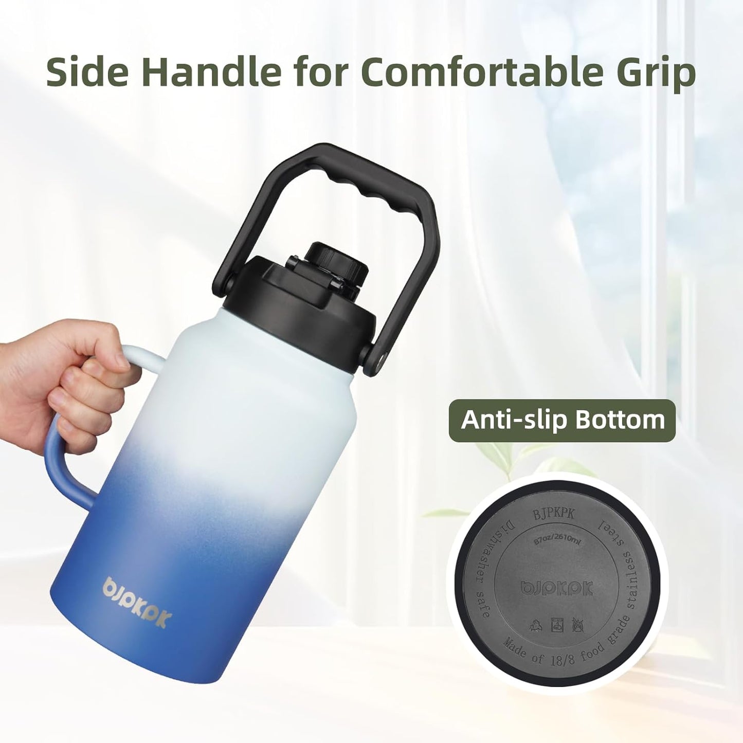BJPKPK 87oz Insulated Water Bottle with Handle, Large Dishwasher Safe 2/3 Gallon Water Bottle, BPA Free Water Jug, Wide Mouth Metal Water Bottle with Anti-slip Bottom, Keep Cold & Hot,Navy Blue