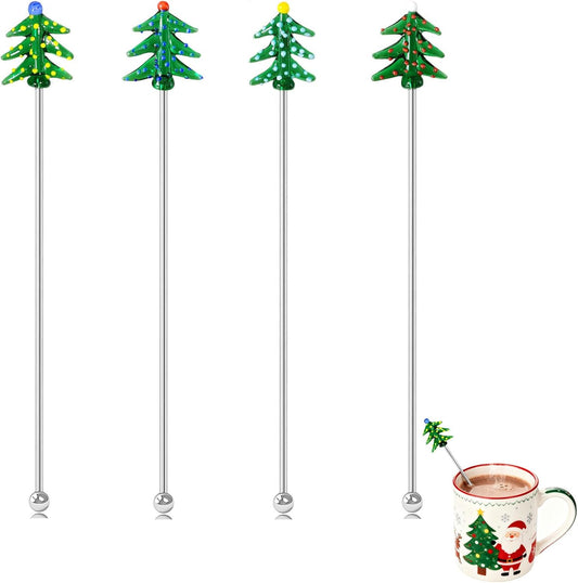 4Pcs Christmas Cocktail Stirrers Stainless Steel Creative Xmas Tree Coffee Stirrers Reusable Beverage Stir Sticks for Holiday Drinks Mixing Christmas Party Tableware Decorations