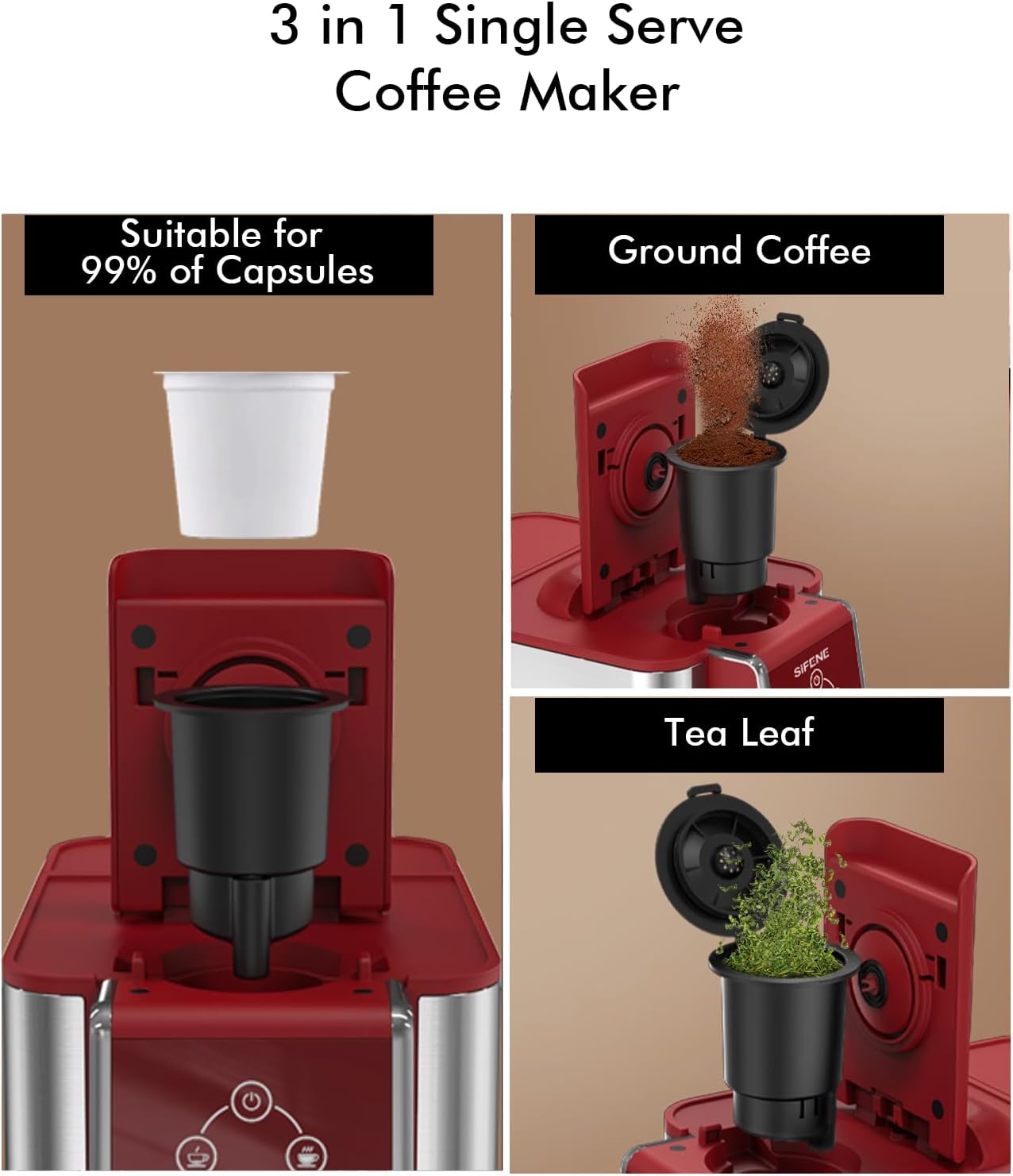 3-in-1 Capsule Coffee Machine - Single Serve Brewer for Coffee Pods, Ground Coffee, & Loose Tea, 6-10oz Brew Sizes, 50oz Removable Tank, 1150W (Red)