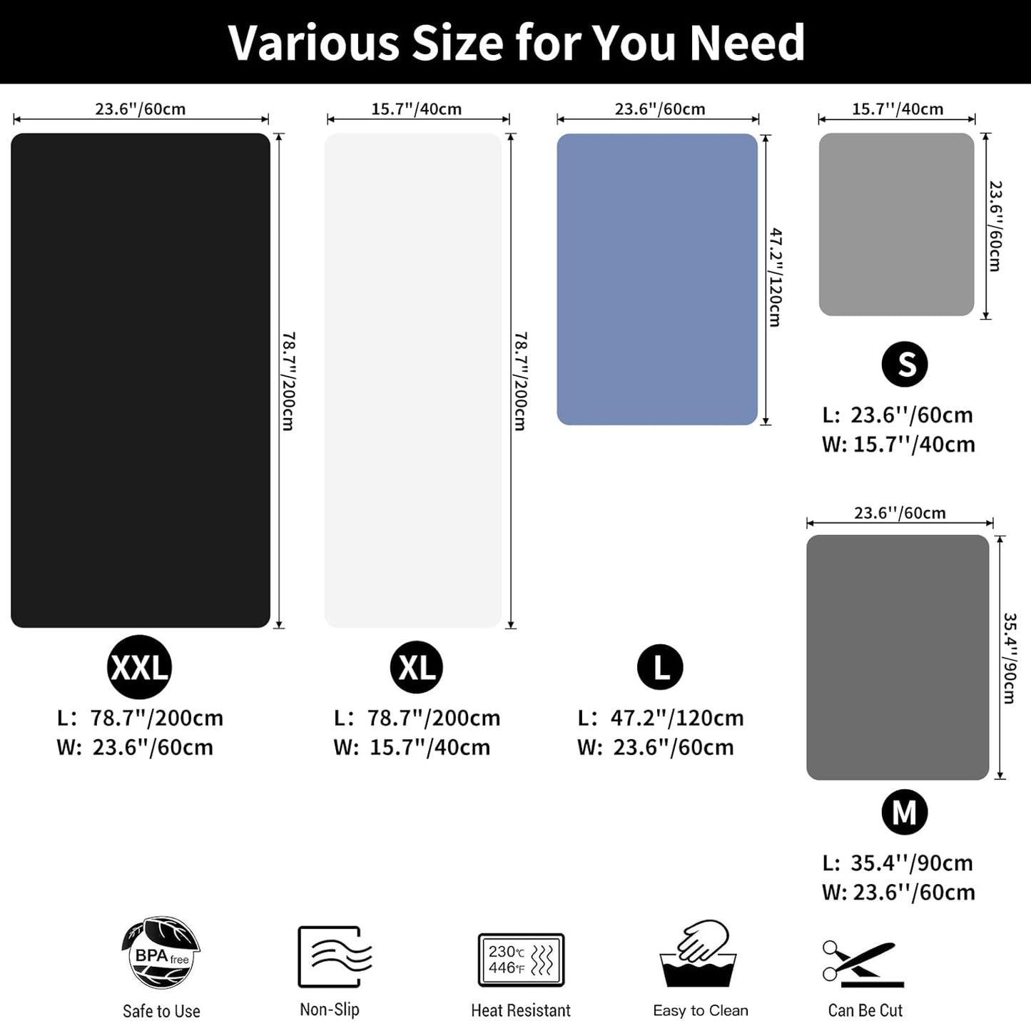 2MM Thick Silicone Countertop Mat, 35.4"x 23.6" Silicone Mats for Kitchen Counter, Nonslip Heat Resistant Mat, Large Kitchen Counter Mats, Waterproof Countertop Protector, Dark Gray