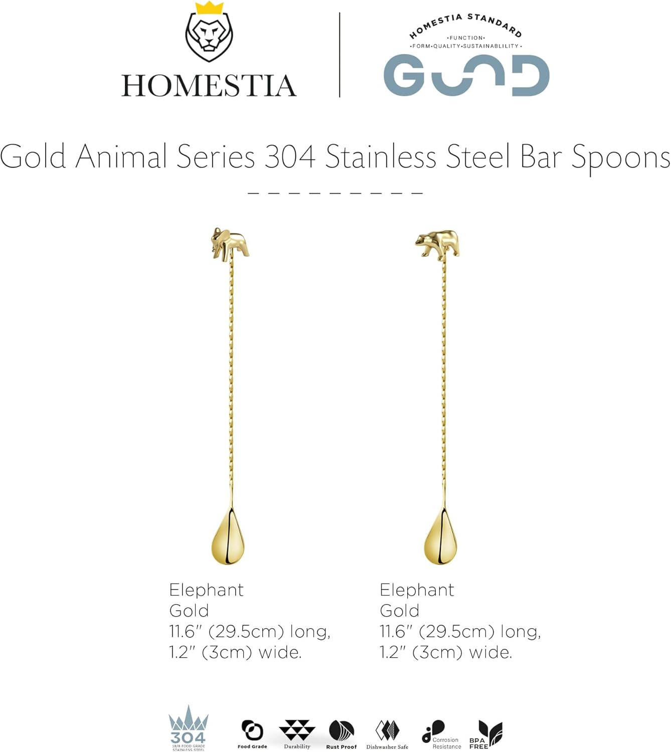 Homestia Gold 12-Inch Stainless Steel Cocktail Spoon with Elephant Bear Handle - Perfect for Mixing & Layering Drinks in Tall Cups, Bar & Shakers - Durable Long Handle Bar Stirrer, 2-Pieces
