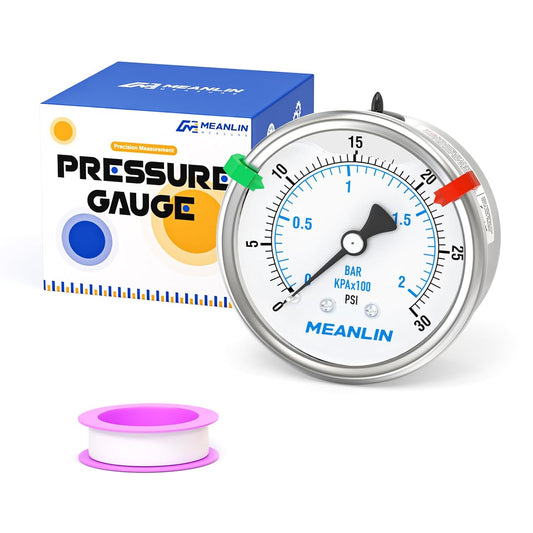 MEANLIN MEASURE 0~30Psi Liquid Filled Pressure Gauge Stainless Steel 2.5" FACE DIAL 1/4" NPT 316 Stainless Steel Joint for Pool Sand Filter Water Oil Air Pressure Test Back Mount, with 2PCS Snaps